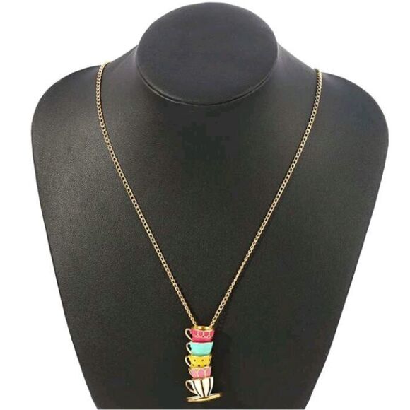 Adorable Hand Painted Enamel Teacups Stacked Necklace - Picture 3 of 4